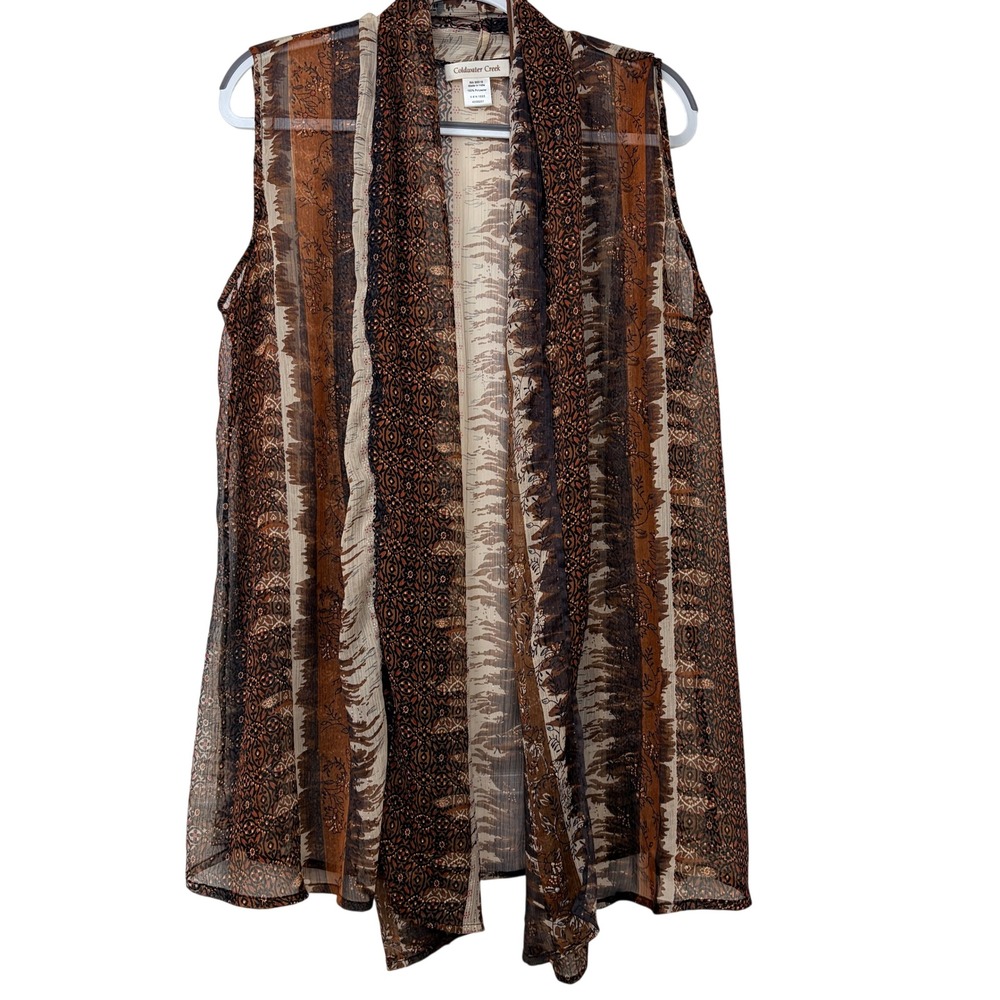 Coldwater Creek Sheer Chiffon Vest Medium Brown Mixed Print
